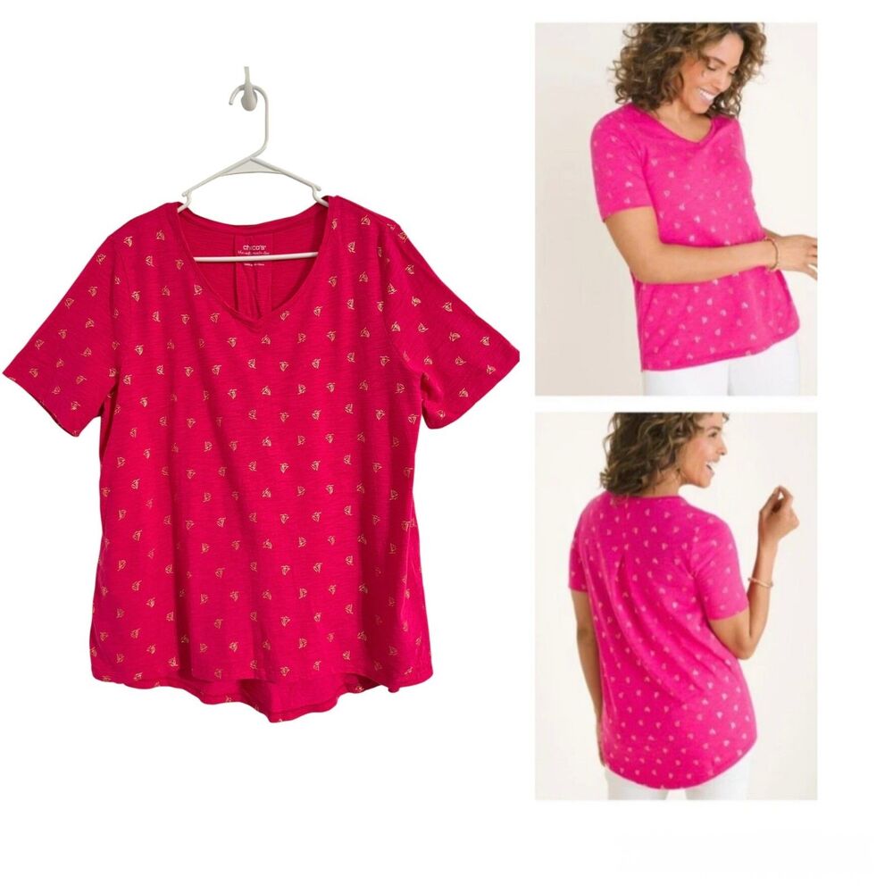 Chico's Womens LARGE Pink Gold Metallic Sailboat Print Ultimate Tee Shirt Coasta